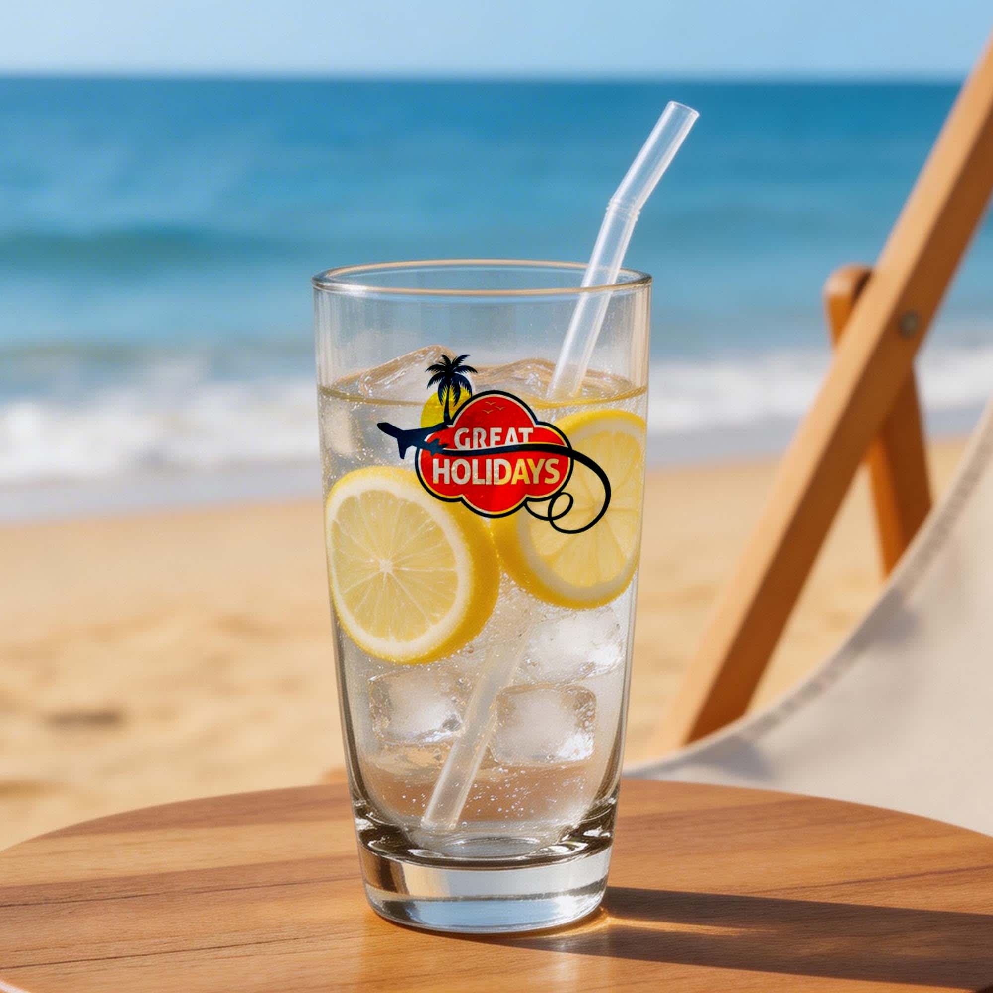 A tall glass of lemonade with lemon slices and ice, featuring a logo, sits on a wooden table by the beach. Taro Beer Glass 380ml - Image 1