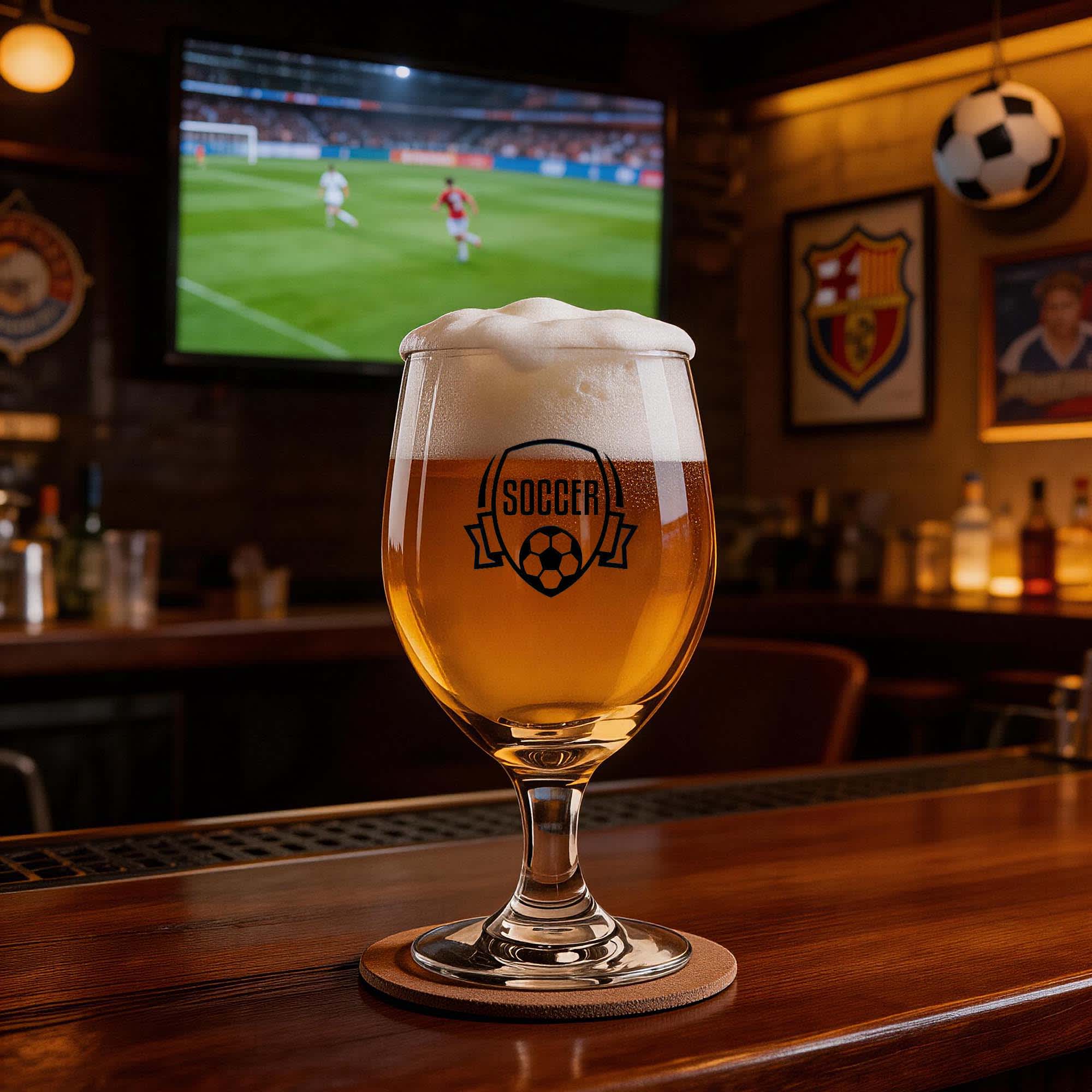A beer glass with a curved design, filled with golden beer and a frothy head, set on a wooden bar top. Pilson Beer Glass 410ml - Image 1