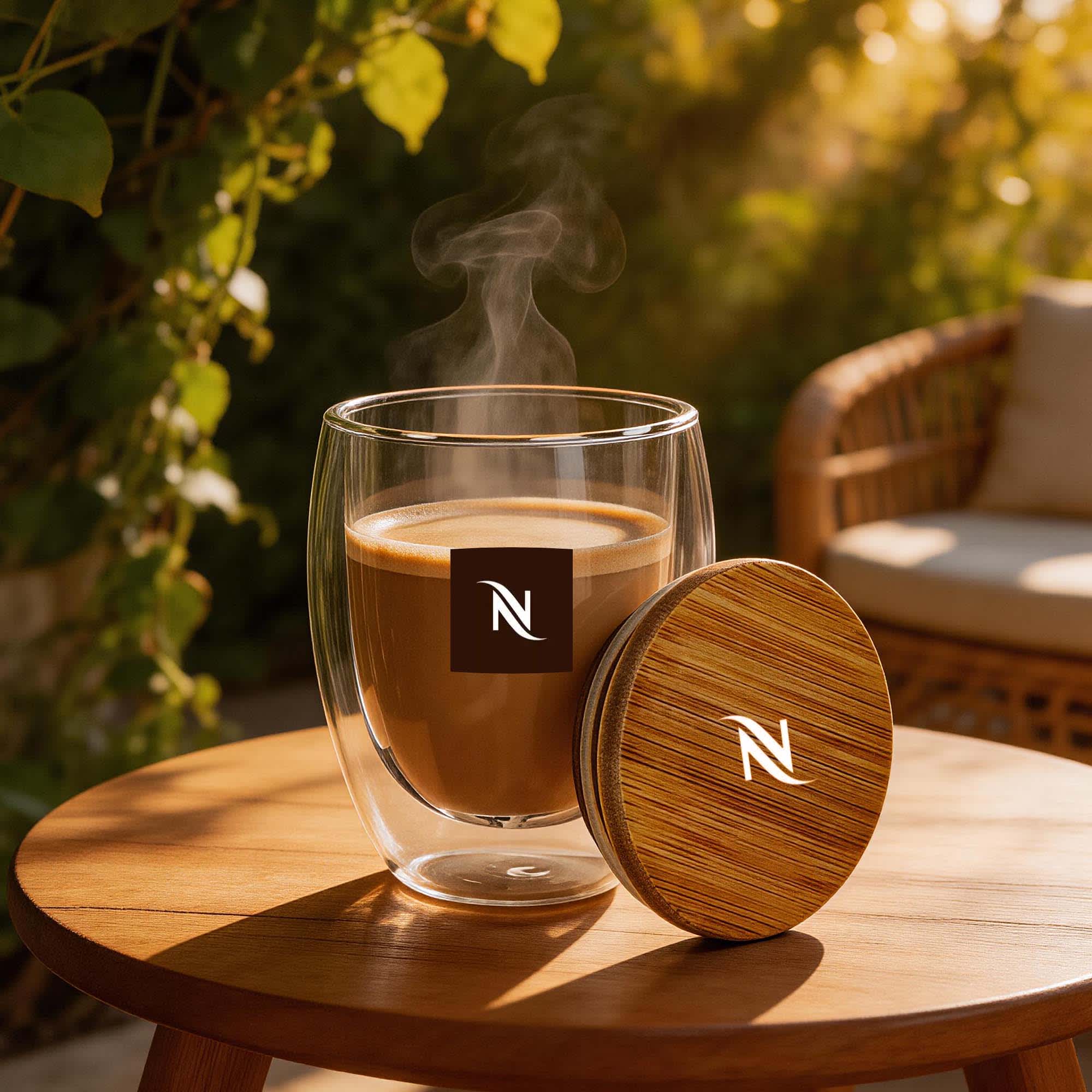 A drinkware glass cup with double walls and a bamboo lid, filled with steaming coffee, set on a wooden table. Oxa Double Wall Glass Cup 350ml - Image 1