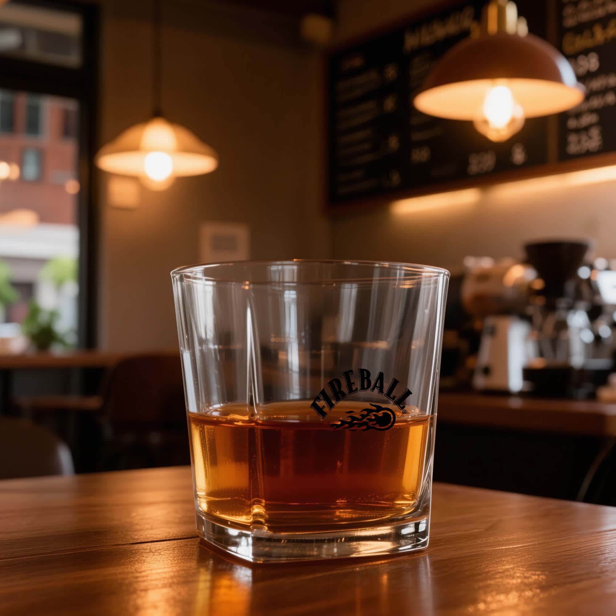 A glass tumbler containing a dark amber beverage, set on a wooden table in a café. The tumbler features a logo. Kube Glass Tumbler 295ml - Image 1
