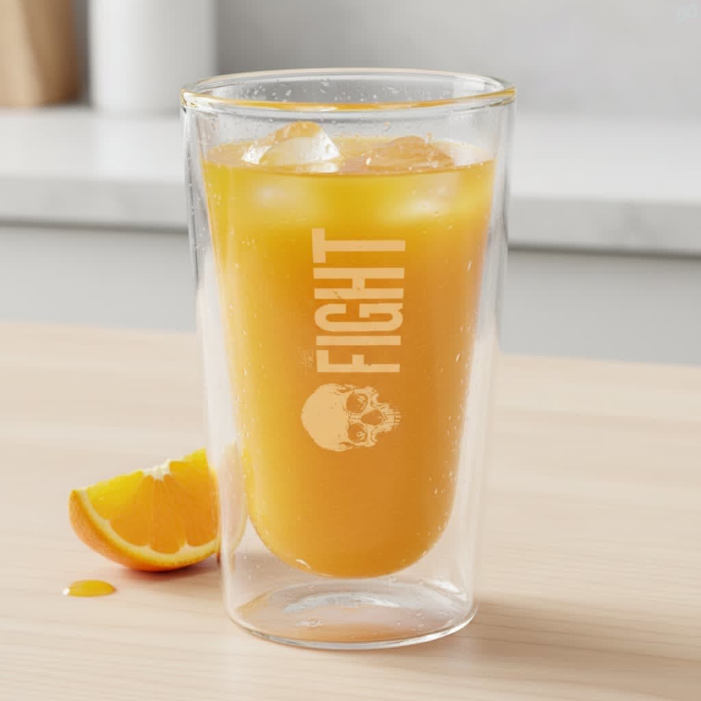 A double wall glass tumbler with a yellow drink and ice, featuring a logo, on a wooden surface. Tirigo Double Wall Glass Tumbler 370ml - Image 1