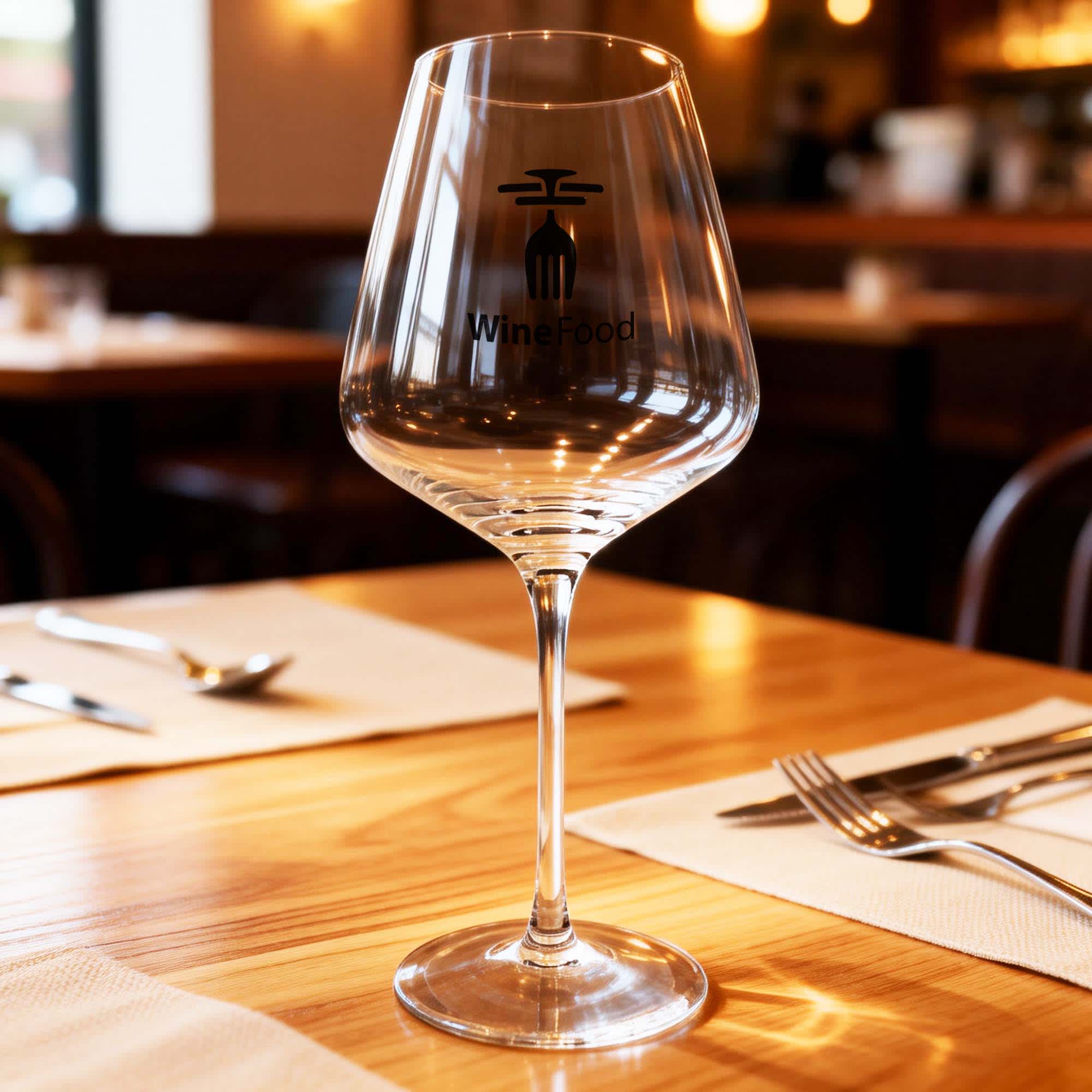 A tall, clear wine glass with a wide bowl, featuring a logo, placed on a wooden table setting. Artois Wine Glass 590ml - Image 1