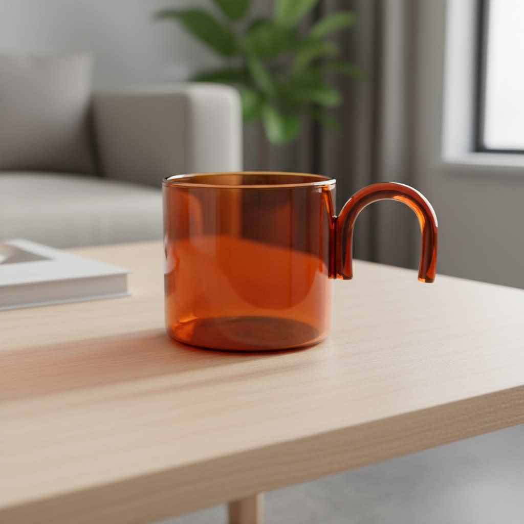 An amber glass tea and coffee cup with a distinctive handle, placed on a wooden table. Montilla Glass Tea and Coffee Cup - Image 1