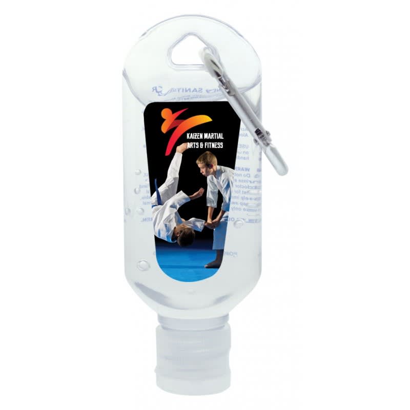 A clear 60mL hand sanitiser bottle with a carabiner, featuring a logo and an image of martial arts action. 60mL Hand Sanitiser with Carabiner - Image 1