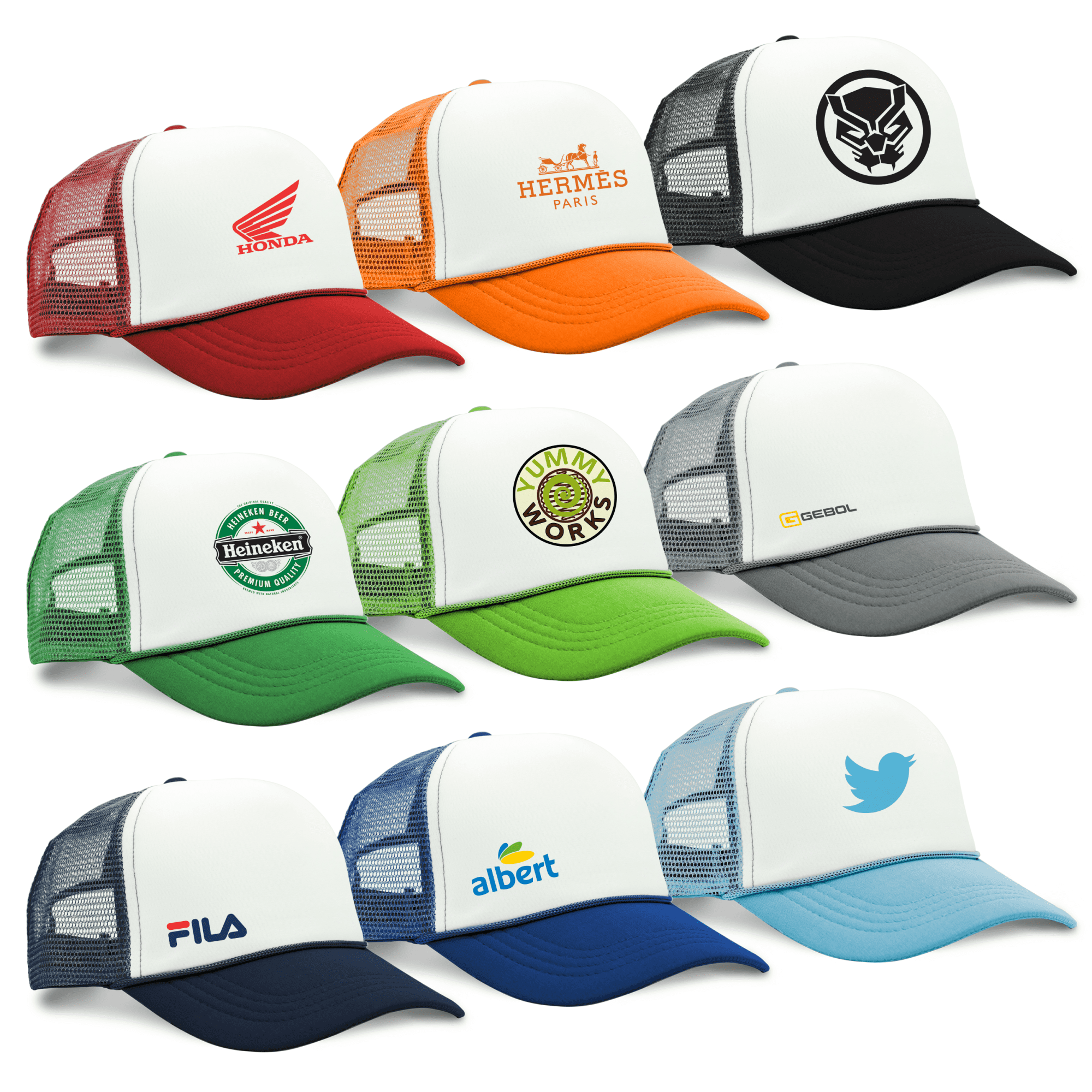 A collection of trucker caps in various colours, featuring different logos and designs, including red, orange, green, grey, and blue. Trucker Roadhouse Cap - Image 1