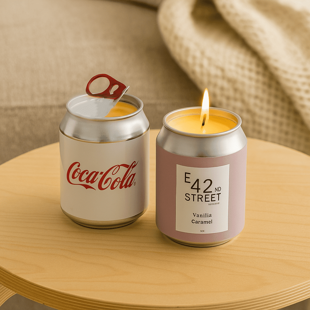 A mini candle designed like a soda can, featuring silver and pink colours with a flame on top. Mini East 42nd Street Can Candle - Image 1