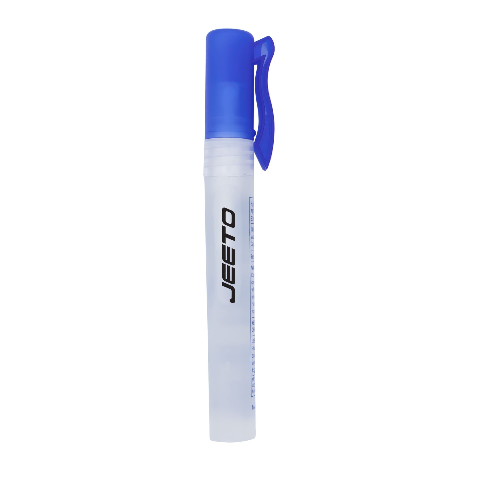 A clear 10ml sanitiser spray bottle with a blue spray nozzle and a clip, featuring a branding logo. 10ml Sanitiser Spray - Image 1