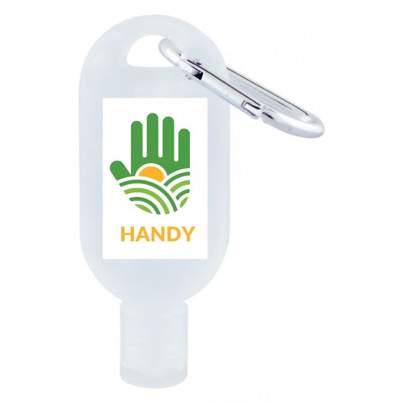 A clear 30mL hand sanitiser bottle with a carabiner attachment and a logo printed on the front. 30mL Hand Sanitiser with Carabiner - Image 1