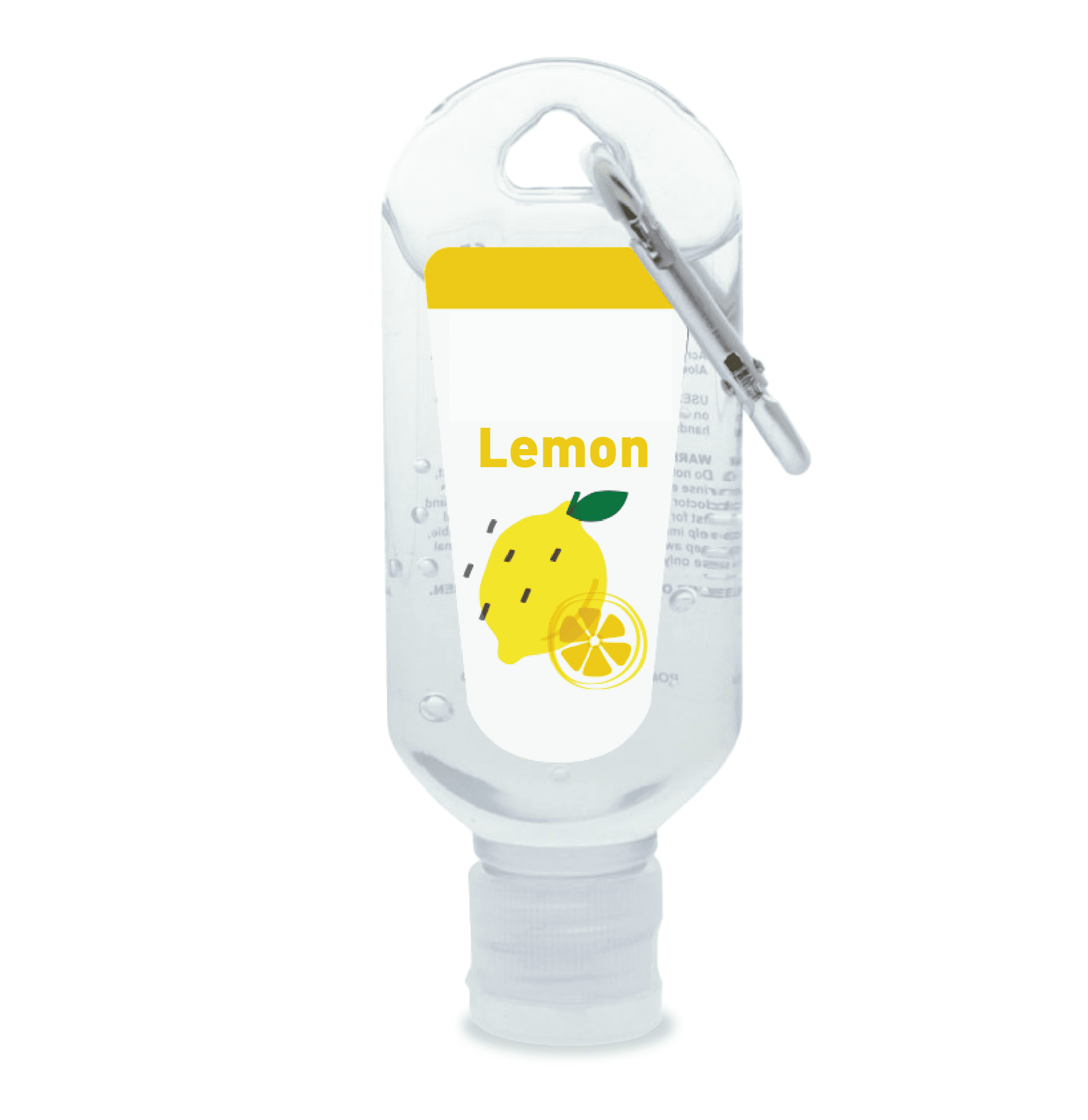 A clear 60mL hand sanitiser bottle with a lemon scent, featuring a carabiner and a logo. Lemon Scented 60mL Hand Sanitiser with Carabiner - Image 1