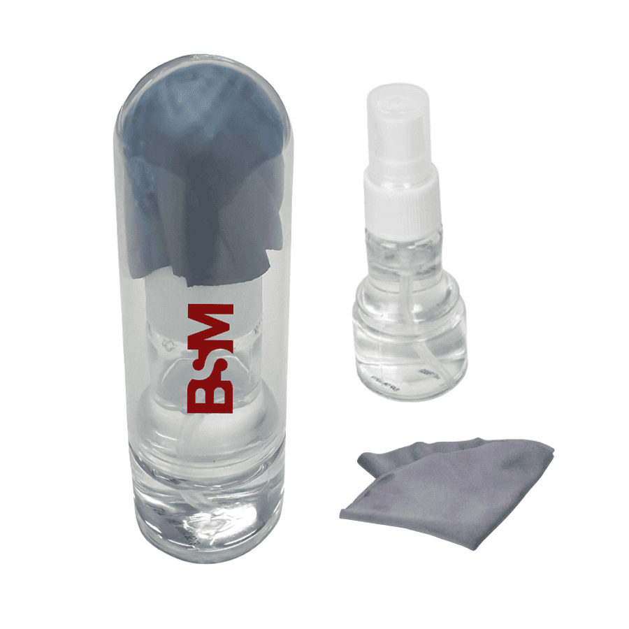 A clear spray bottle with a cleaning solution, featuring a dark cloth inside, alongside a separate grey cleaning cloth. Eye Glass Cleaner Set with Cloth - Image 1
