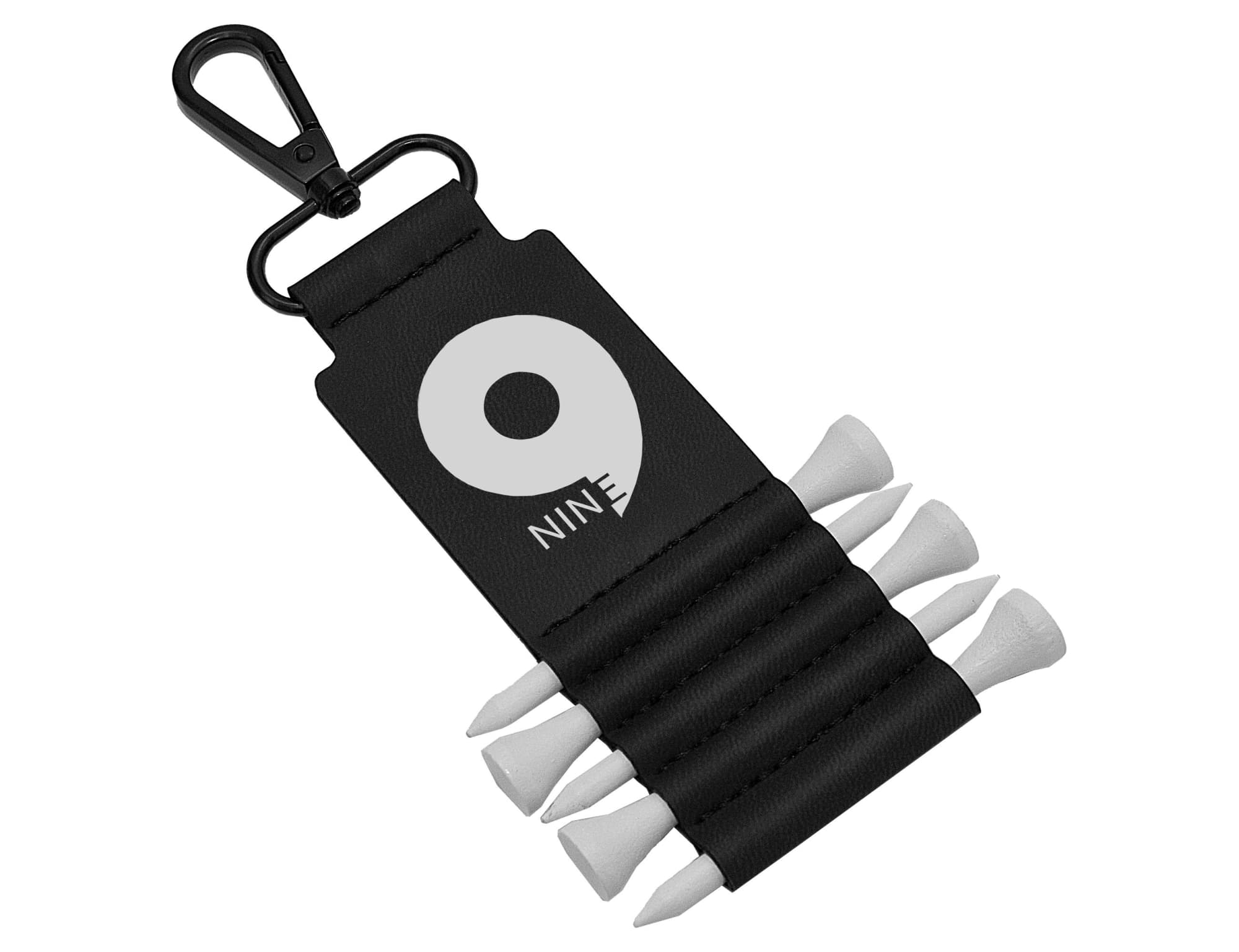 A black golf tee holder with a clip, featuring multiple white golf tees and a logo. Birdie Golf Tee Holder - Image 1