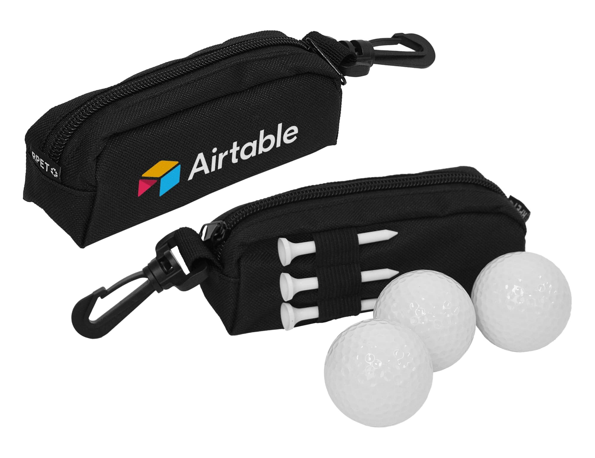 A black pouch with a logo, containing three golf balls and three white tees. Links Golf Pack - Image 1