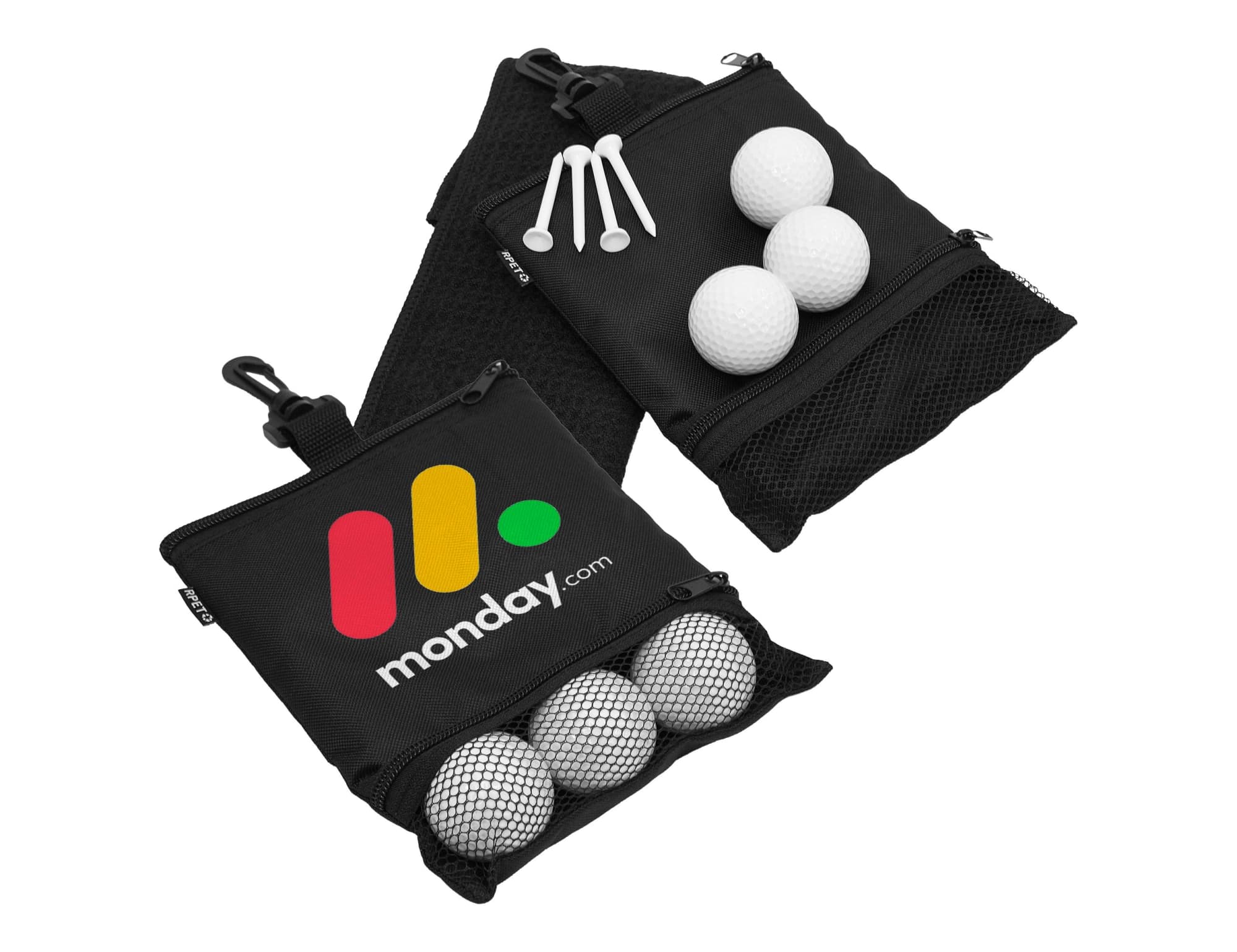 A black pouch containing six white golf balls and three white tees, featuring a colourful logo. Clubhouse Golf Pack - Image 1