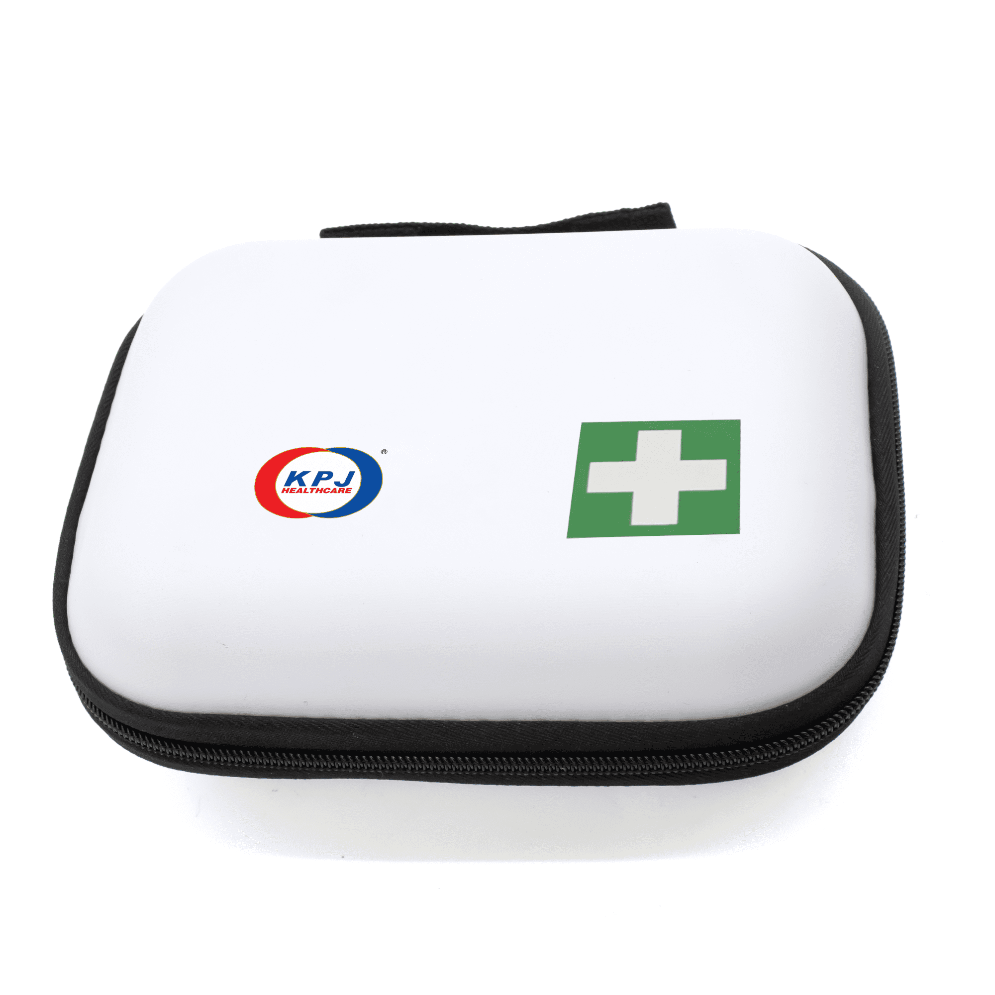 A white compact first aid kit with a green cross and logo, featuring a zippered closure. Compact First Aid Kit (43 pcs) - Image 1