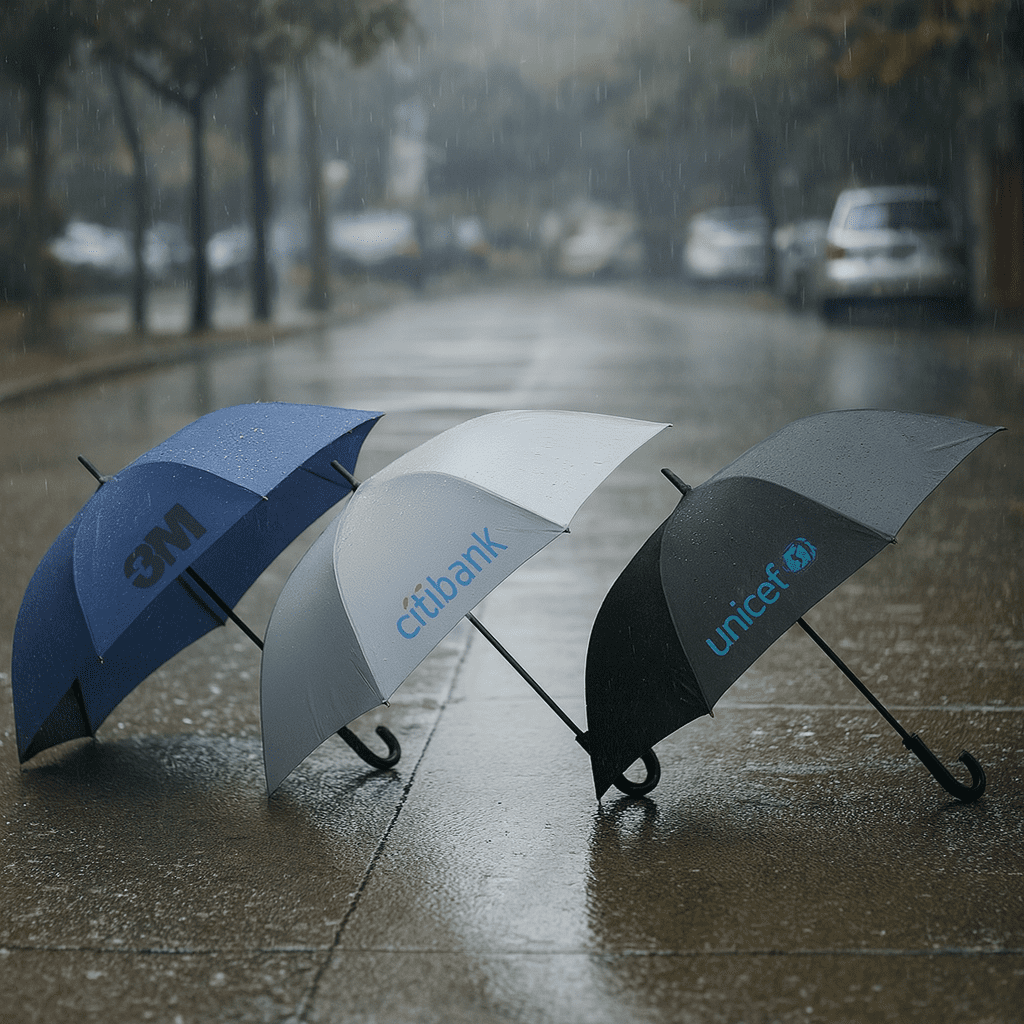 Three umbrellas in blue, white, and black, each featuring a logo, set against a rainy street backdrop. Corporate Umbrella - Image 1