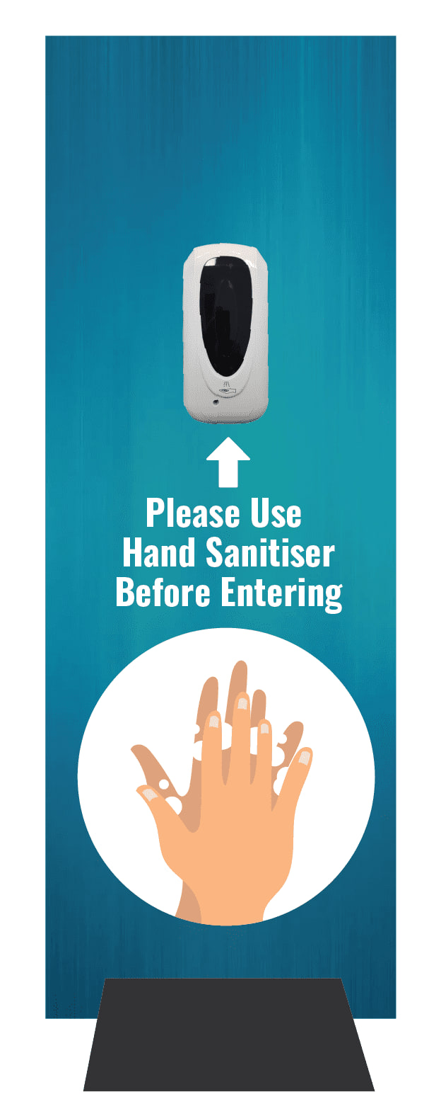 A white hand sanitiser dispensing station mounted on a blue background with an illustration of a hand. Hand Sanitiser Dispensing Station - Image 1