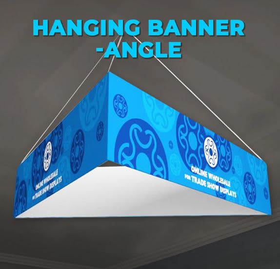 A triangle hanging banner featuring blue designs and a logo, suspended from the ceiling. Tension Fabric Replacement Skin-Triangle Hanging Frame 3048mm x 1067mm - Image 1