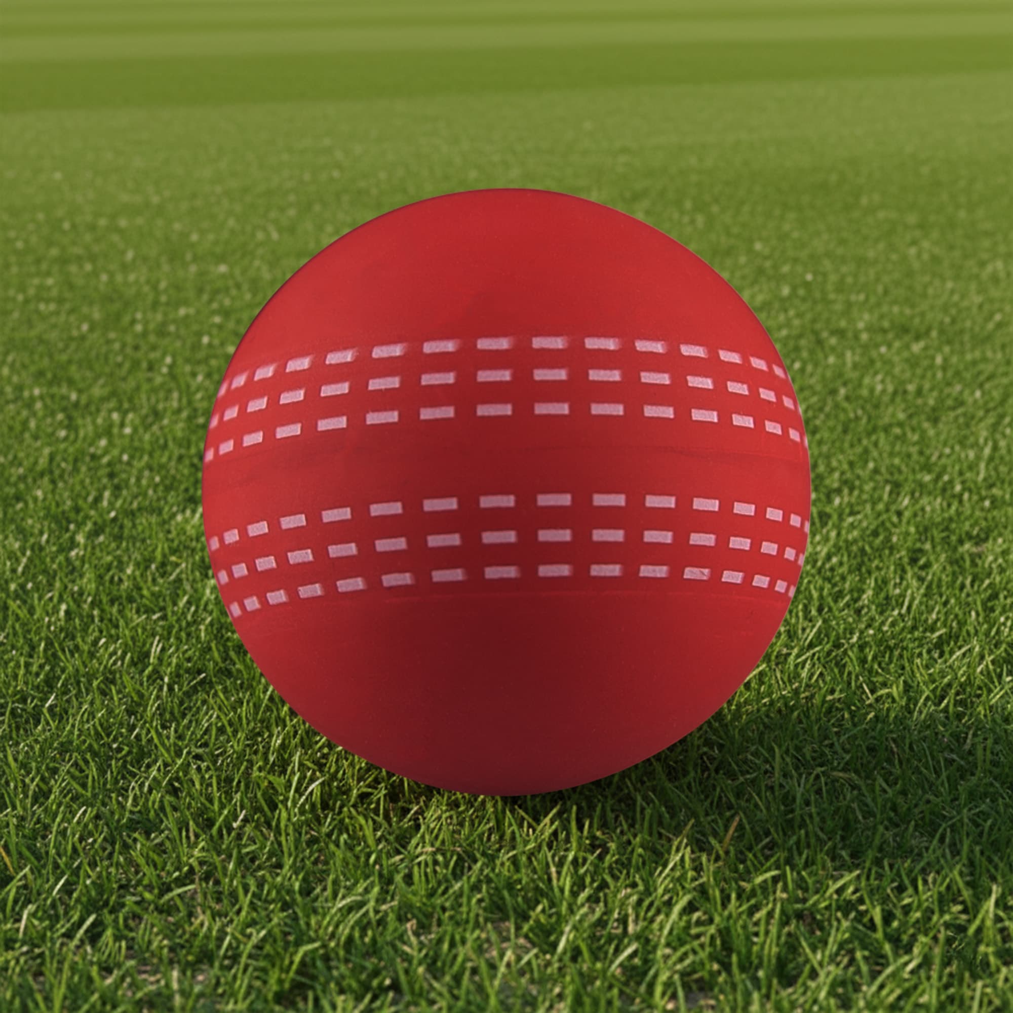A red cricket ball with white stitching details resting on green grass. The ball features a logo. High Bounce Cricket Ball - Image 1