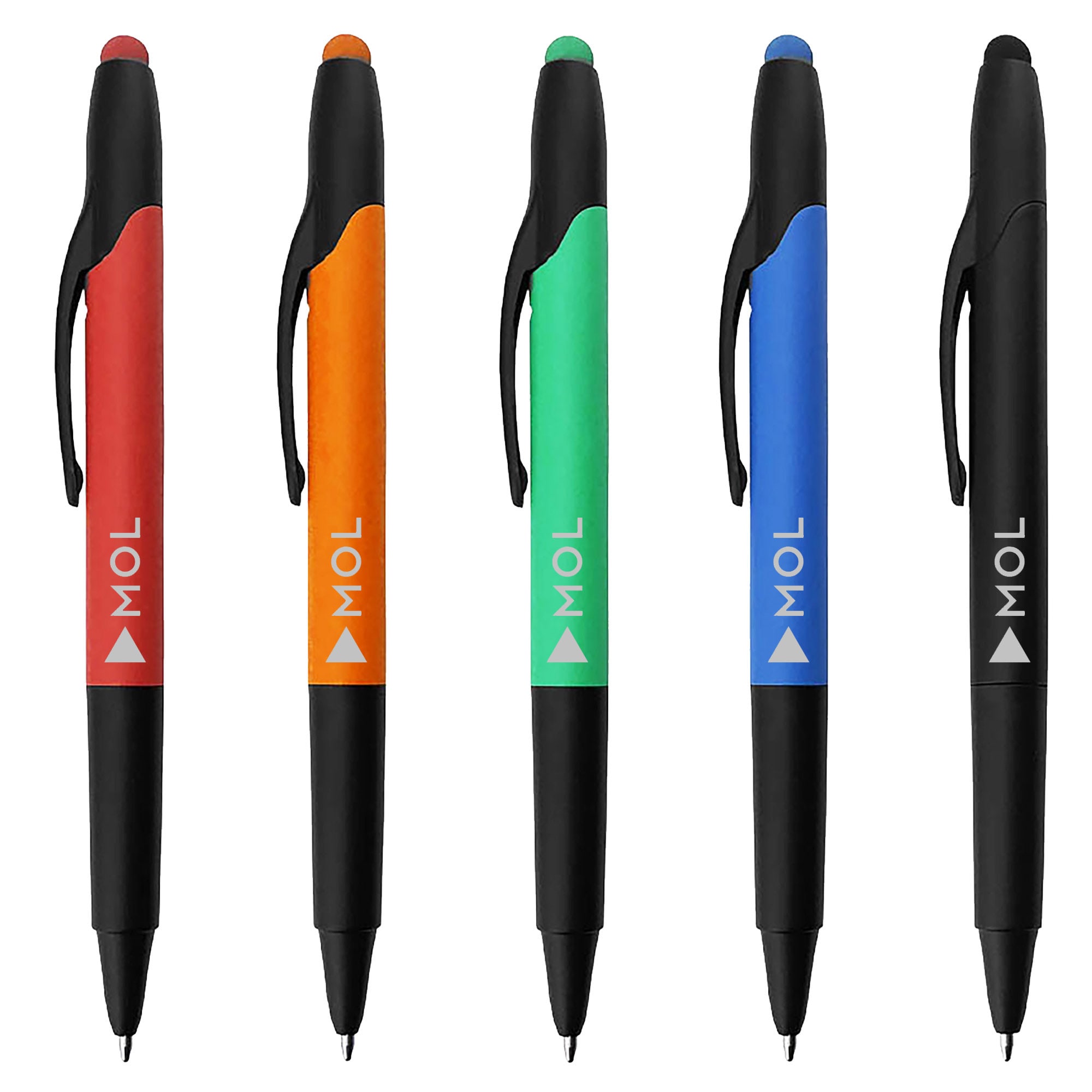 A set of five stylus pens in red, orange, green, blue, and black, featuring a branding logo. Orica Stylus Pen Highlighter - Image 1