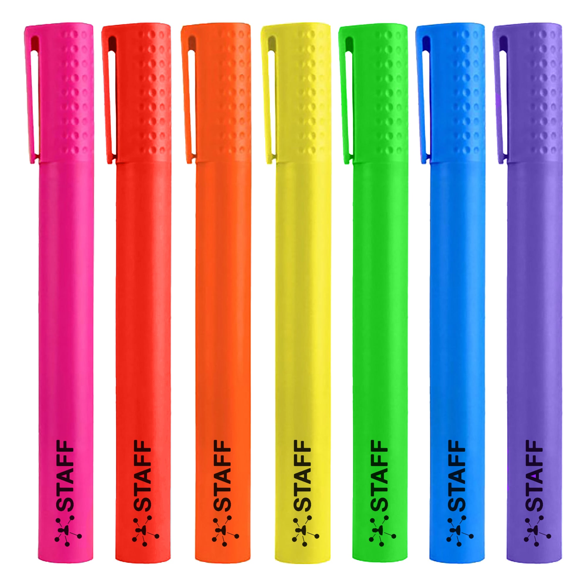 A set of jumbo highlighter pens in vibrant colours: pink, orange, yellow, green, blue, and purple, featuring branding. Jumbo Highlighter Pen - Image 1