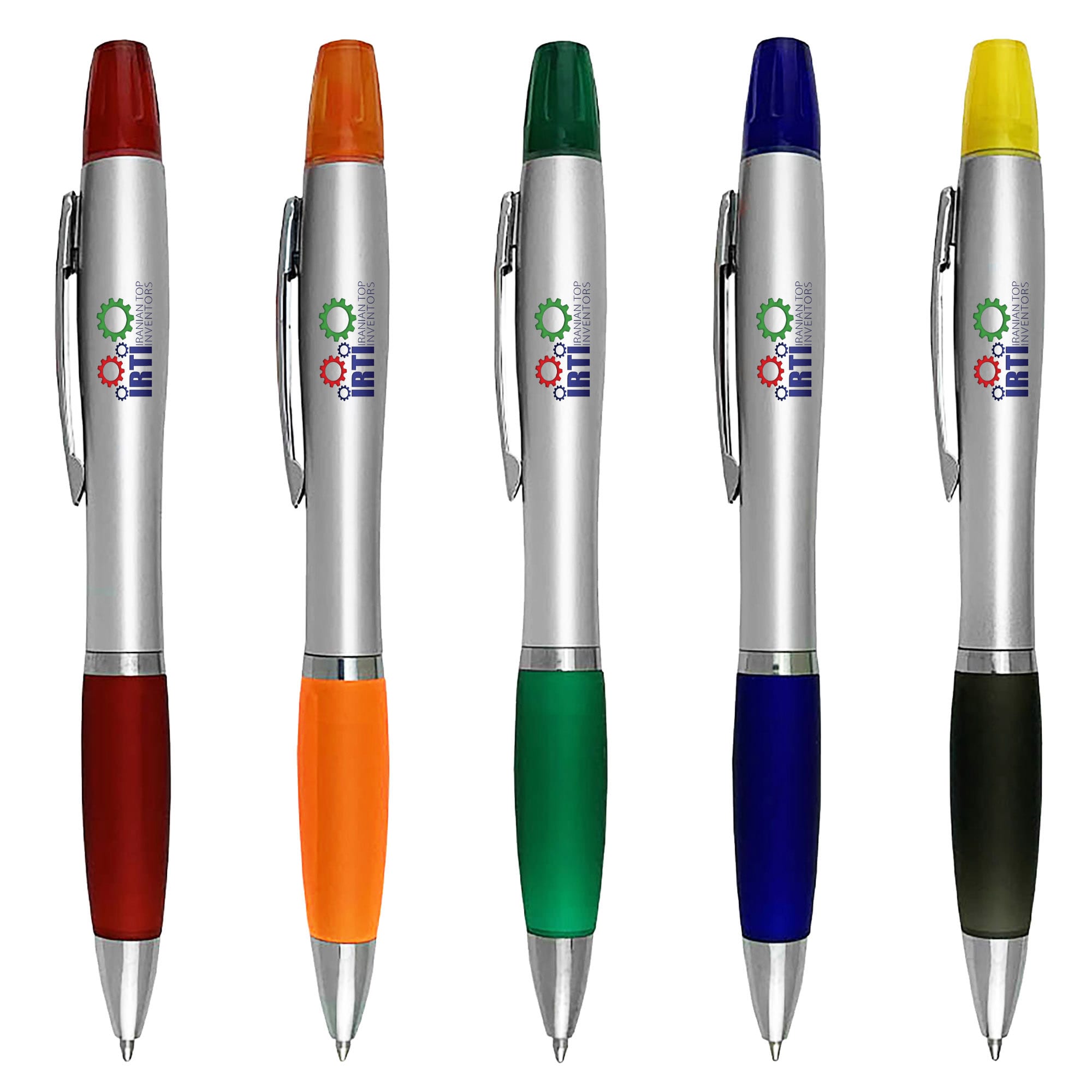 A set of five Pizzaz Pen Highlighters in red, orange, green, blue, and black with silver barrels and a logo. Pizzaz Pen Highlighter - Image 1