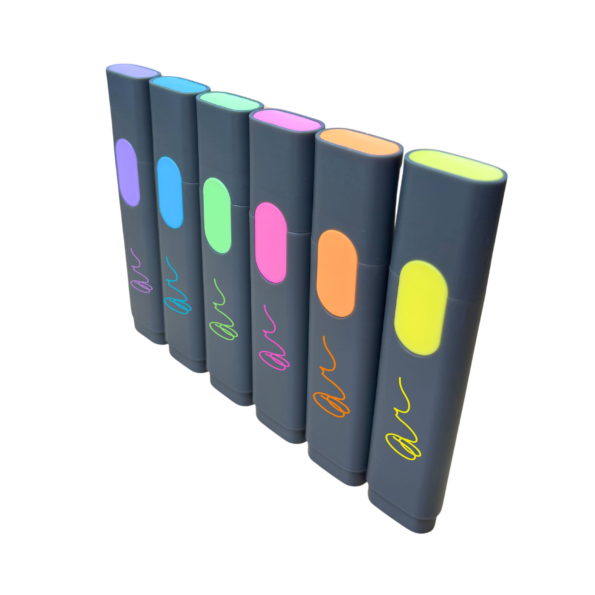 A set of highlighters in various bright colours, featuring a sleek grey design and a logo on each. Johnny Highlighter - Image 1