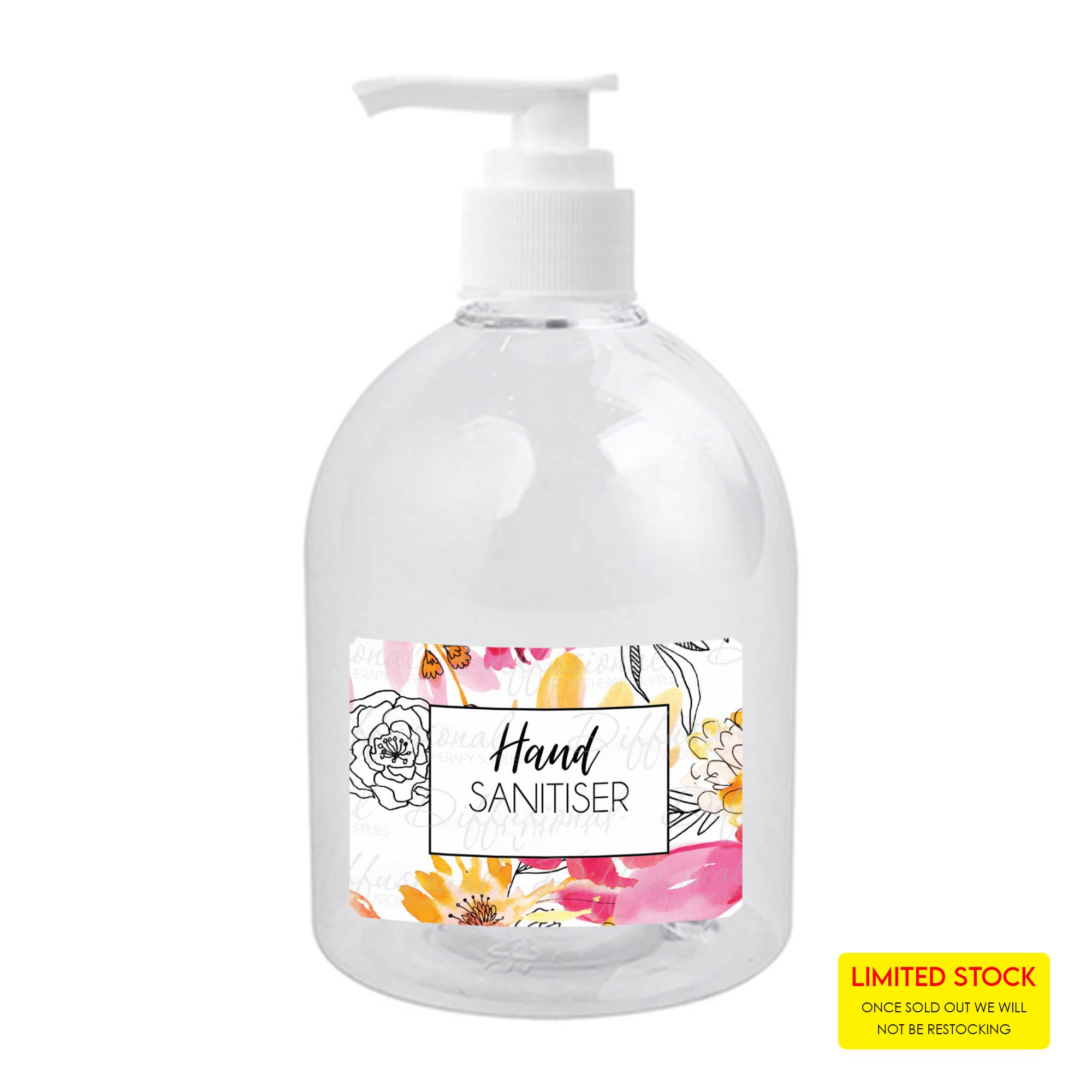 A clear plastic bottle of hand sanitiser gel with a pump top, featuring a floral label. 500ml Hand Sanitiser Gel 75% Alcohol - Image 1