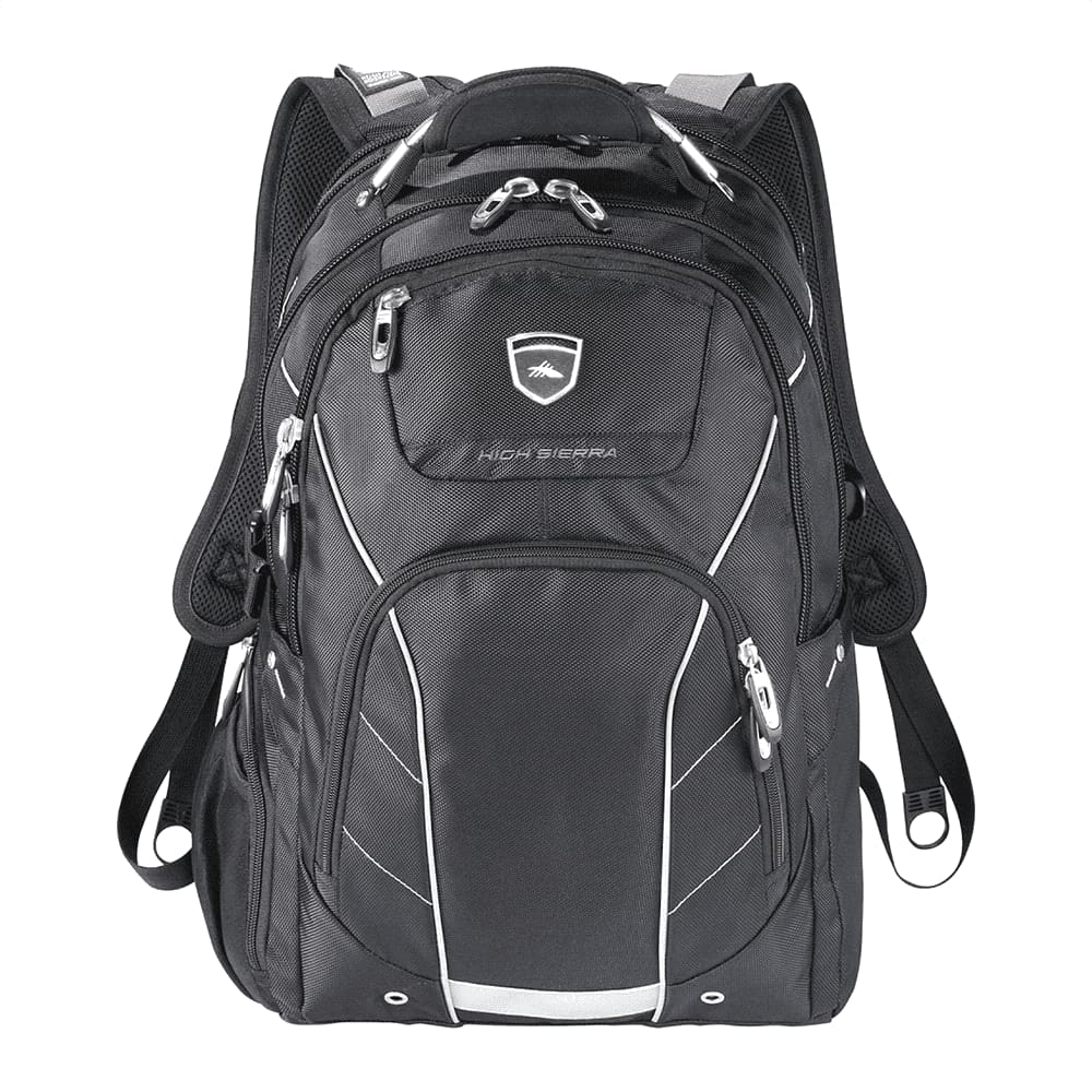 A black backpack featuring multiple compartments, zippers, and a logo, designed for holding a computer and other items. High Sierra Elite Fly-By 17" 42L Computer Backpack - Image 1