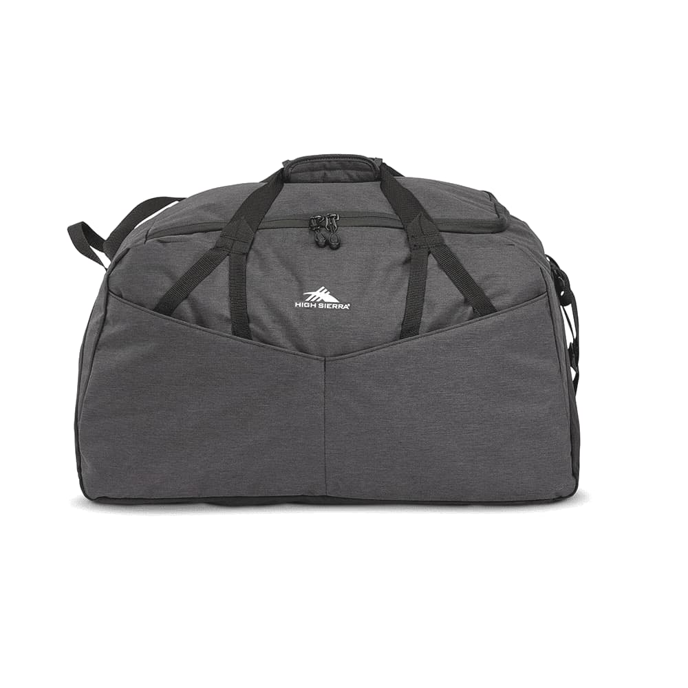 A grey duffel bag with a logo, featuring dual handles and adjustable straps for versatile carrying. High Sierra Forester RPET Duffle 30L - Image 1