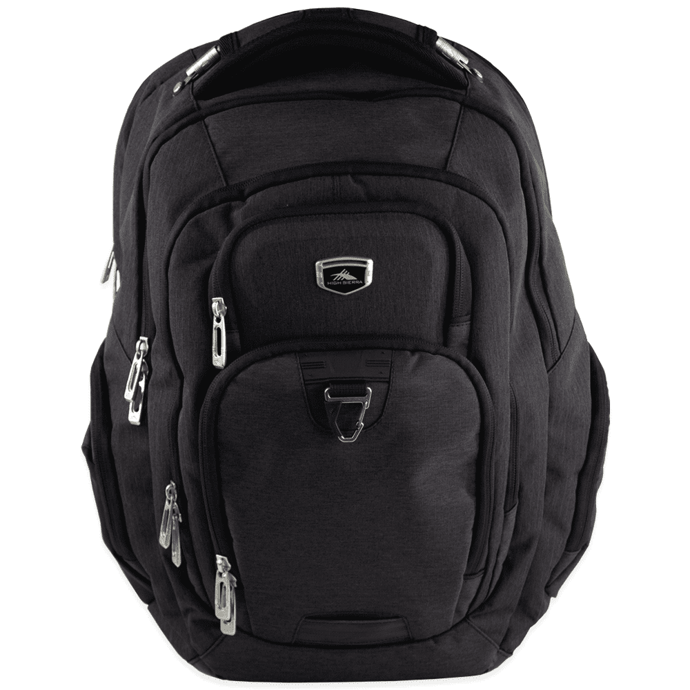 A black, multi-pocket laptop backpack with zippers and a branding logo. Designed for carrying computer accessories. High Sierra Elite Eco RPET 17" 42L Computer Backpack - Image 1