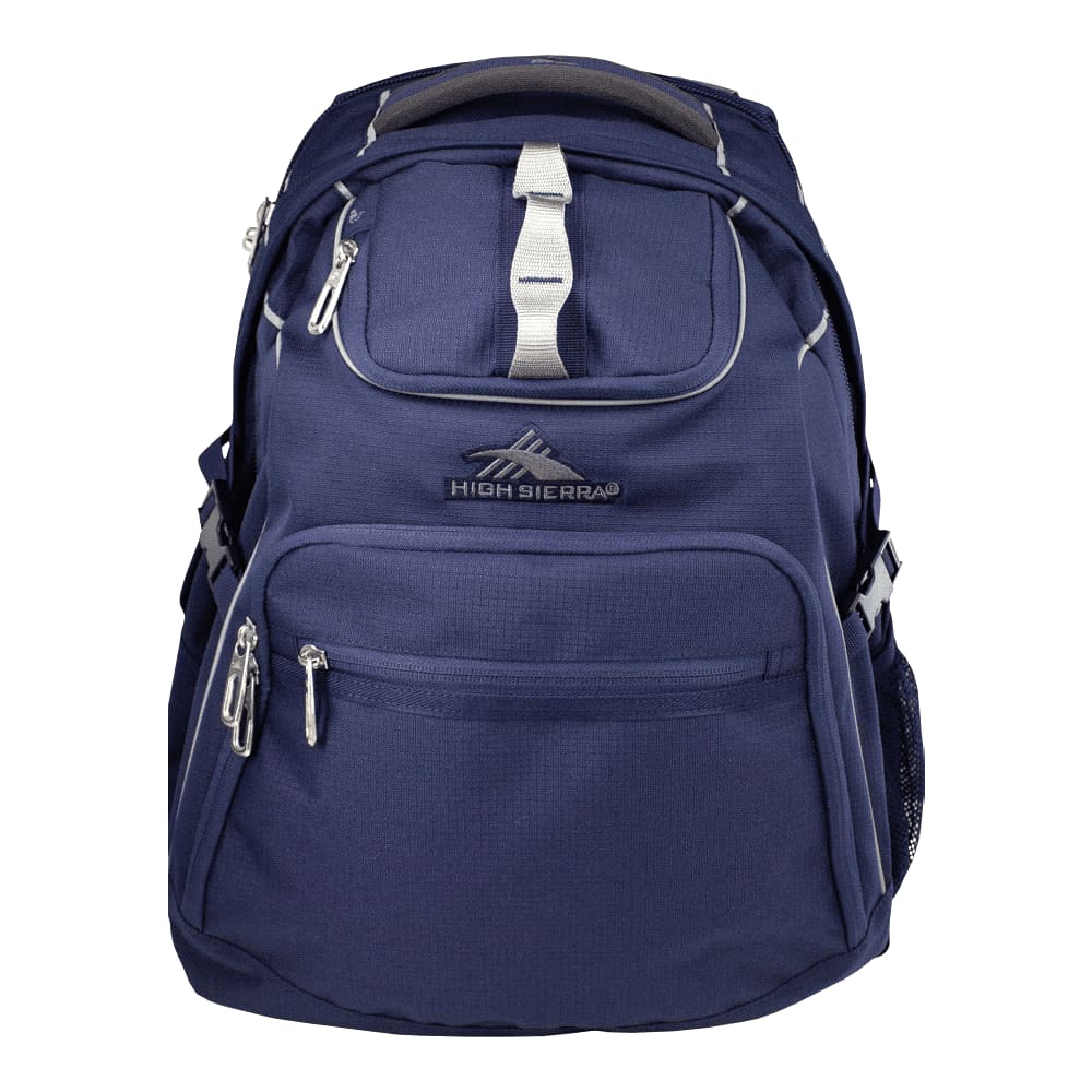 A navy blue backpack with multiple zippered pockets, a mesh side pocket, and a logo on the front. High Sierra Access 3.0 Backpack 45L - Image 1