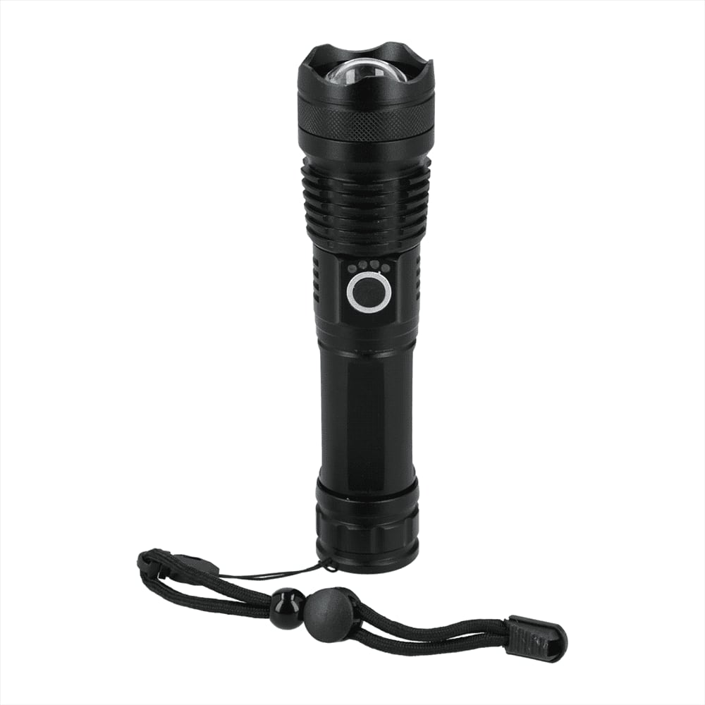 A black LED flashlight with a textured grip and a lanyard, featuring a round button for operation. High Sierra Eco 200 Lumen LED Flashlight - Image 1