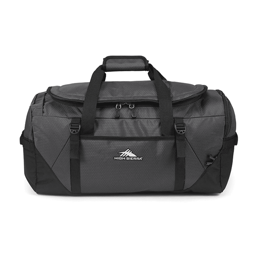 A grey duffel backpack with sturdy handles, adjustable shoulder straps, and a branded logo. High Sierra Fairlead 64L Duffel Backpack - Image 1