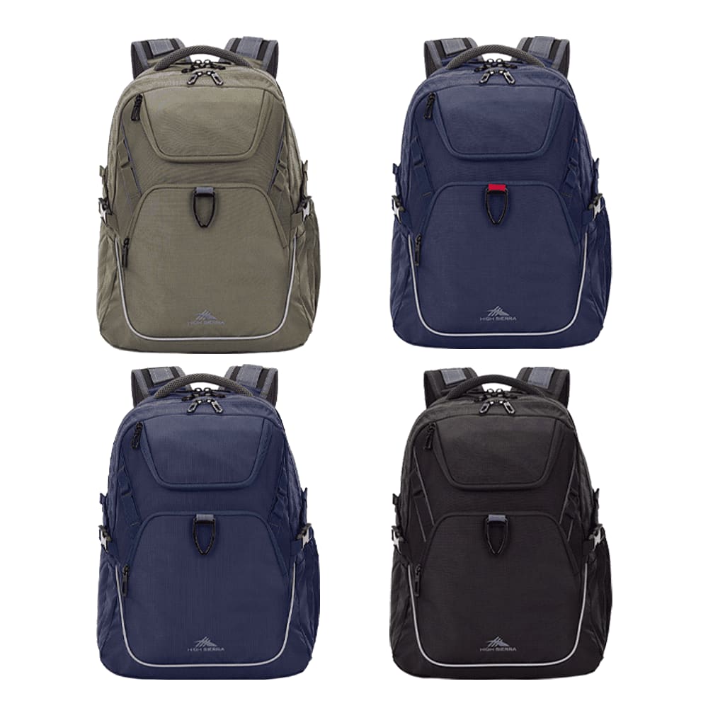 Four High Sierra Access 4.0 Backpacks in olive green, navy blue, dark blue, and black, each with a logo. High Sierra Access 4.0 Backpack 43L - Image 1