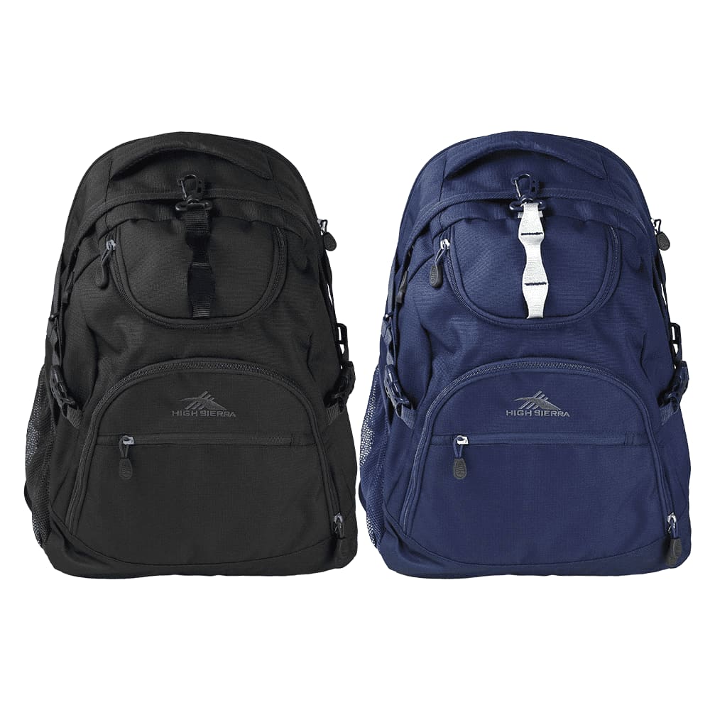 A black and navy High Sierra Access Light Backpack 45L with multiple pockets and a logo. High Sierra Access Light Backpack 45L - Image 1