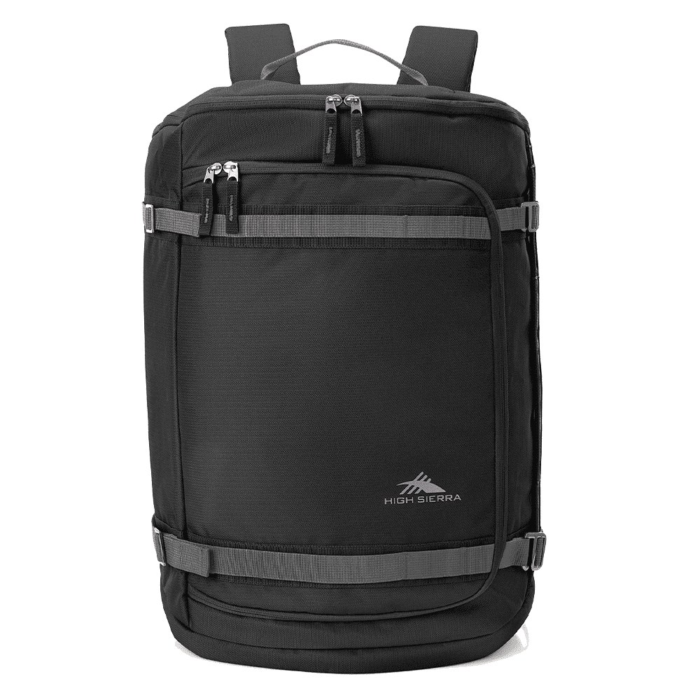 A black travel backpack with multiple zippered compartments and adjustable straps. It features a logo on the front. High Sierra Travel Backpack 42 L - Image 1