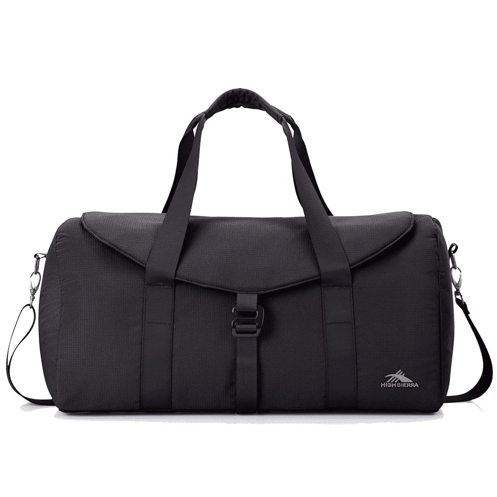 A black duffel bag with a flap, adjustable shoulder strap, and dual handles. It features a logo on the side. High Sierra Camille Duffel 31L - Image 1