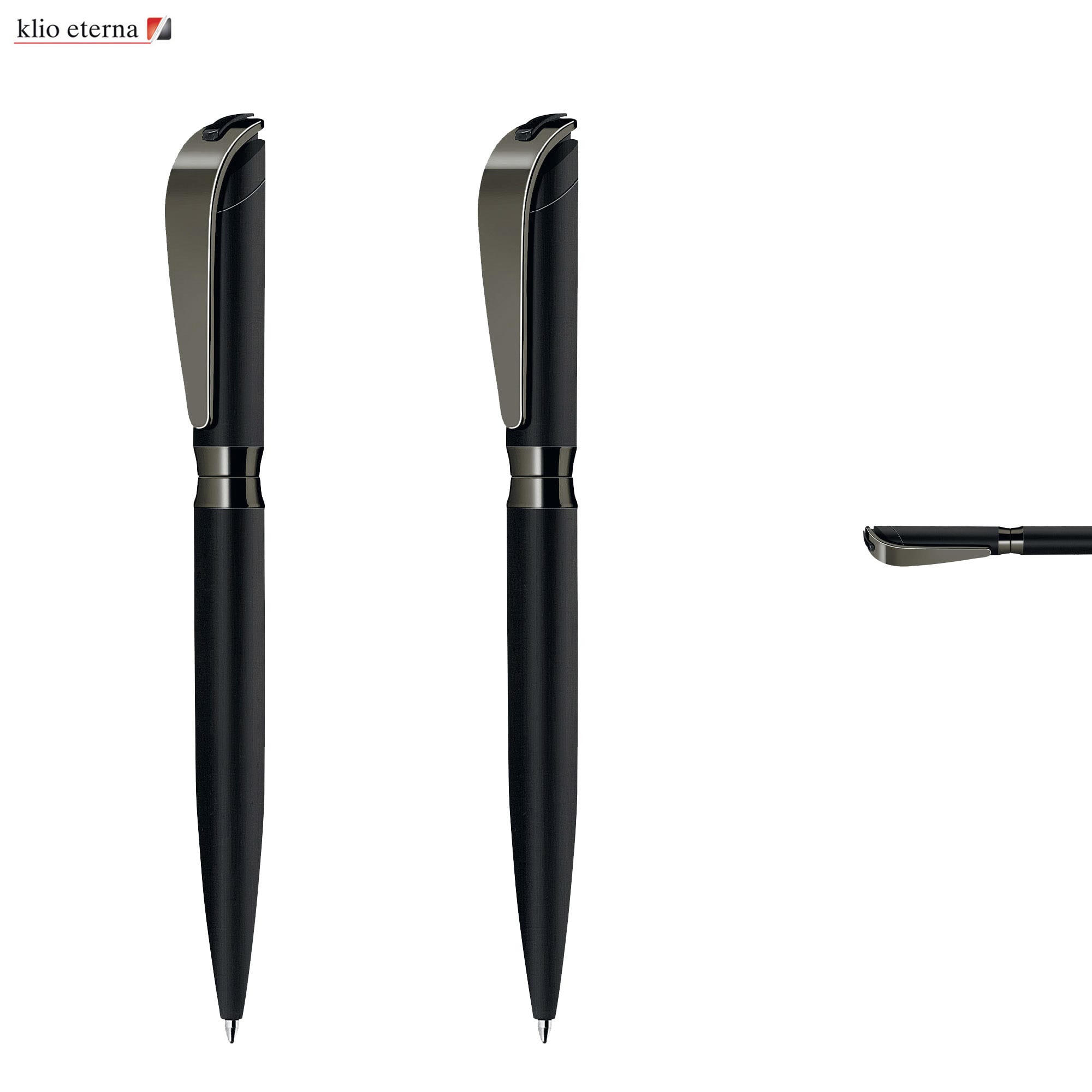 A black metal pen with a sleek design and a clip, featuring a logo on the upper left. I-ROQ Soft touch Ball Pen - Image 1
