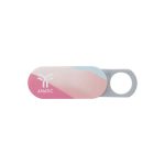 A sliding webcam blocker in pastel pink and blue with a circular opening and a logo.