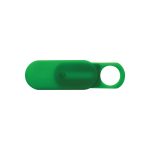 A green sliding webcam blocker with a circular cutout. It features a smooth, oval shape and has a logo.
