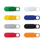 A set of sliding webcam blockers in green, white, yellow, blue, grey, black, red, and orange. Each has a circular opening and a logo.