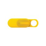 A yellow sliding webcam blocker with an oval shape and a circular hole for easy attachment.