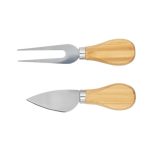 A bamboo cheese set featuring a fork and a knife with metal blades and bamboo handles.