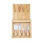 A bamboo cheese board set featuring five stainless steel cheese knives with wooden handles. It includes a convenient storage design.