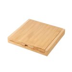 A bamboo cheese board set in a natural wood finish, featuring a sliding compartment for storage.