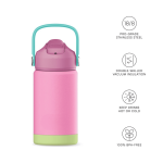 A drink bottle made of pink stainless steel with a green base and a turquoise handle, featuring a logo.