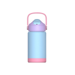 A drink bottle with a pastel blue body, pink base, and a purple lid featuring a carry handle. It has a logo on it.
