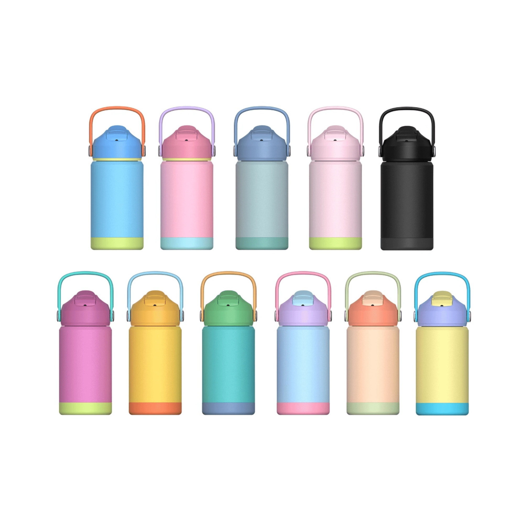 A drink bottle collection features various pastel and vibrant colours, including pink, green, blue, and black, with handles and logos. A drink bottle collection features various pastel and vibrant colours, including pink, green, blue, and black, with handles and logos.