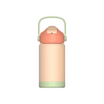 A drink bottle in peach and pale green, featuring a handle and a secure lid, with a logo on the design.