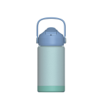 A drink bottle featuring a stainless steel design in a gradient of light blue to green with a removable lid and handle.